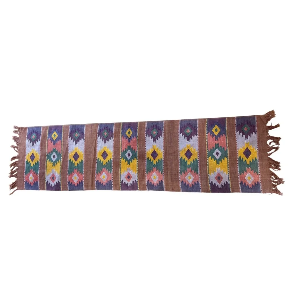 Vintage Southwestern Kilim Table Runner Handwoven Geometric Fringed Textile 57in